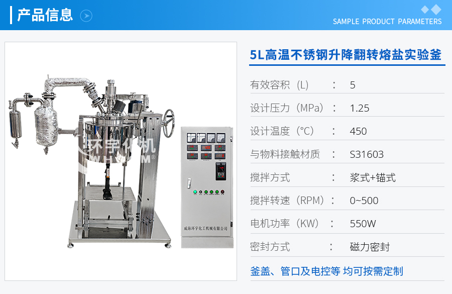 上海5L高溫不銹鋼升降翻轉熔鹽加熱實驗釜